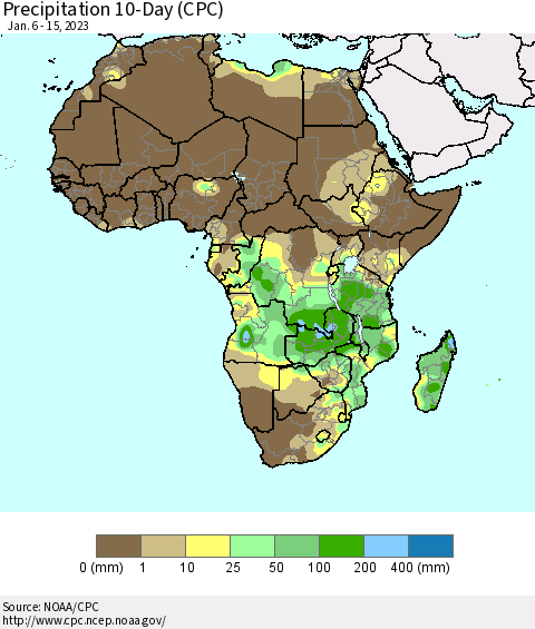 Africa Precipitation 10-Day (CPC) Thematic Map For 1/6/2023 - 1/15/2023