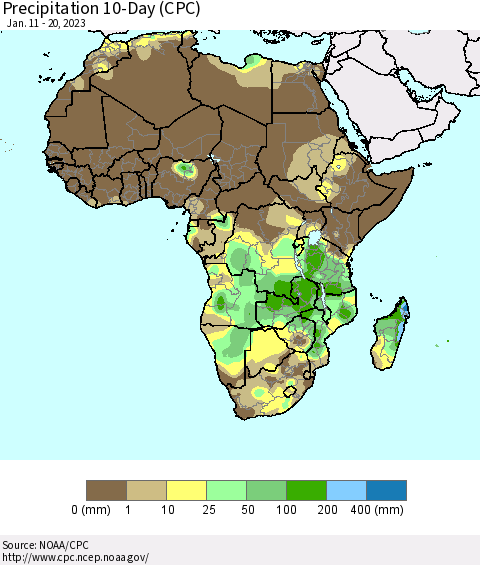 Africa Precipitation 10-Day (CPC) Thematic Map For 1/11/2023 - 1/20/2023
