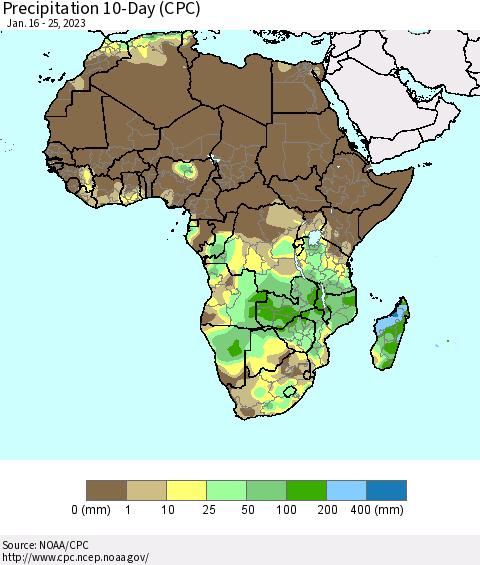 Africa Precipitation 10-Day (CPC) Thematic Map For 1/16/2023 - 1/25/2023