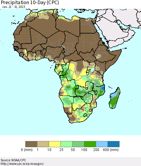 Africa Precipitation 10-Day (CPC) Thematic Map For 1/21/2023 - 1/31/2023