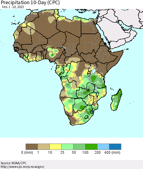 Africa Precipitation 10-Day (CPC) Thematic Map For 2/1/2023 - 2/10/2023