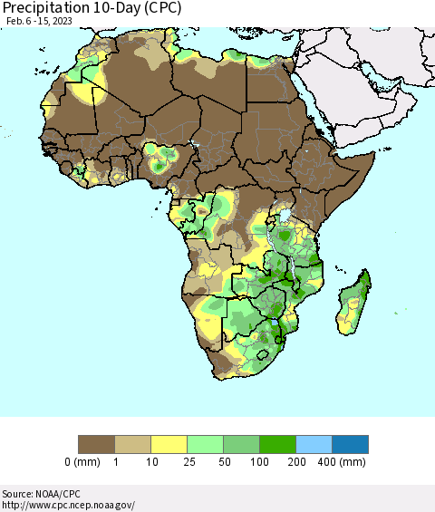 Africa Precipitation 10-Day (CPC) Thematic Map For 2/6/2023 - 2/15/2023