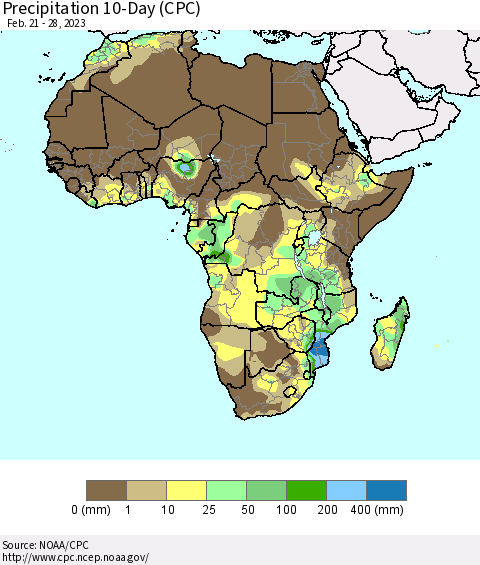 Africa Precipitation 10-Day (CPC) Thematic Map For 2/21/2023 - 2/28/2023
