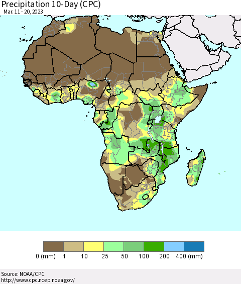 Africa Precipitation 10-Day (CPC) Thematic Map For 3/11/2023 - 3/20/2023
