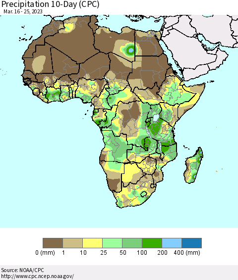 Africa Precipitation 10-Day (CPC) Thematic Map For 3/16/2023 - 3/25/2023