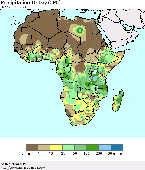 Africa Precipitation 10-Day (CPC) Thematic Map For 3/21/2023 - 3/31/2023