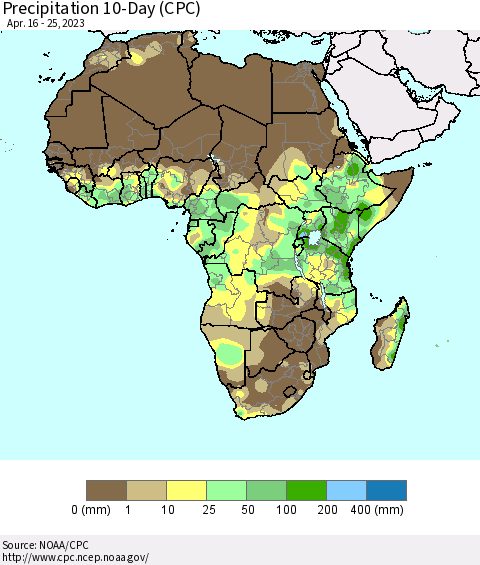 Africa Precipitation 10-Day (CPC) Thematic Map For 4/16/2023 - 4/25/2023