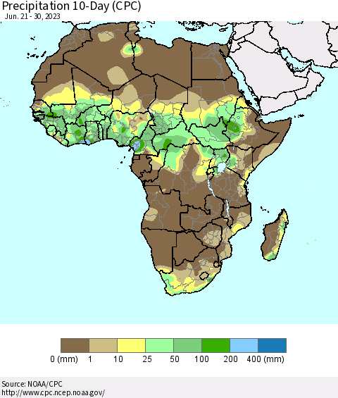Africa Precipitation 10-Day (CPC) Thematic Map For 6/21/2023 - 6/30/2023