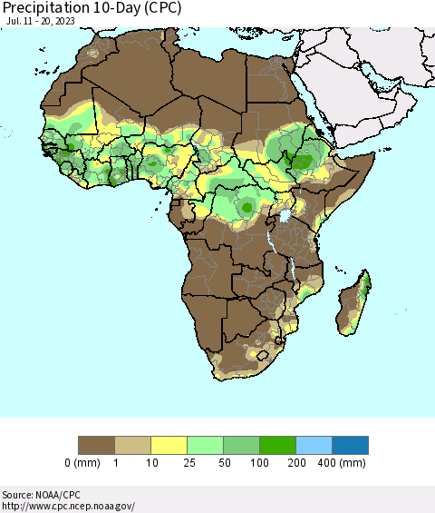 Africa Precipitation 10-Day (CPC) Thematic Map For 7/11/2023 - 7/20/2023