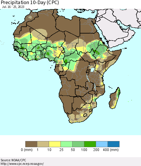 Africa Precipitation 10-Day (CPC) Thematic Map For 7/16/2023 - 7/25/2023