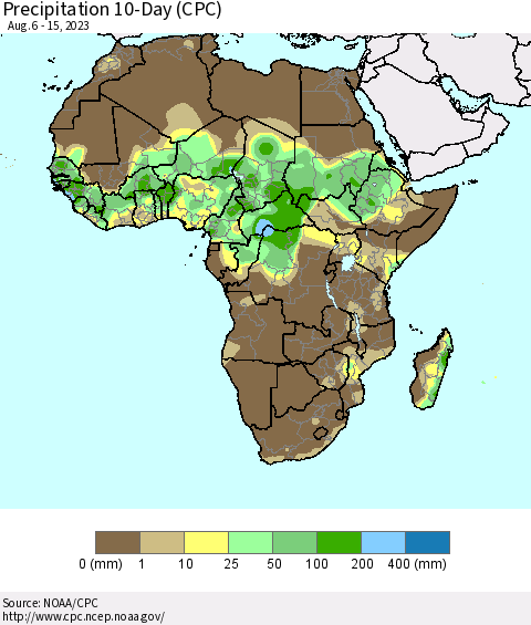 Africa Precipitation 10-Day (CPC) Thematic Map For 8/6/2023 - 8/15/2023