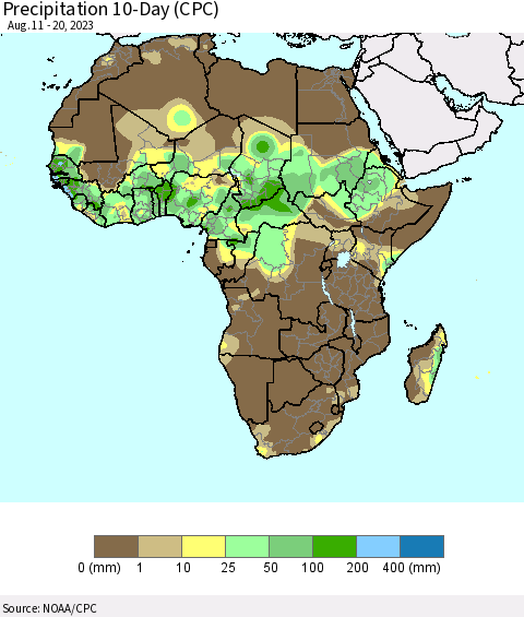 Africa Precipitation 10-Day (CPC) Thematic Map For 8/11/2023 - 8/20/2023