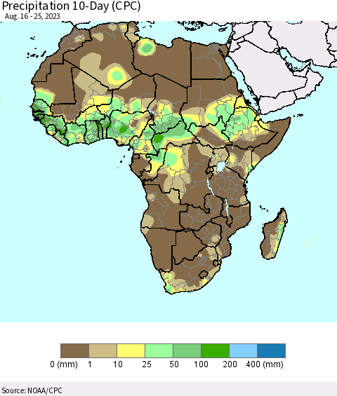 Africa Precipitation 10-Day (CPC) Thematic Map For 8/16/2023 - 8/25/2023