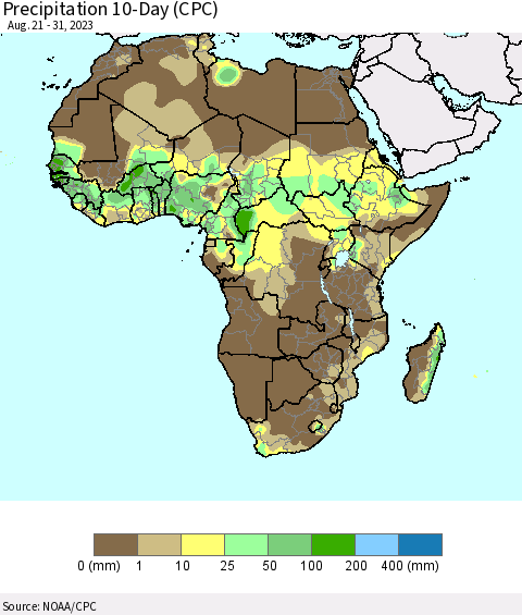 Africa Precipitation 10-Day (CPC) Thematic Map For 8/21/2023 - 8/31/2023