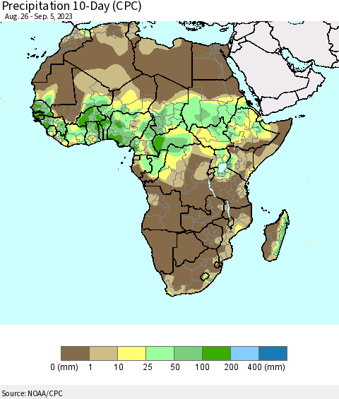Africa Precipitation 10-Day (CPC) Thematic Map For 8/26/2023 - 9/5/2023