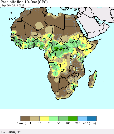 Africa Precipitation 10-Day (CPC) Thematic Map For 9/26/2023 - 10/5/2023