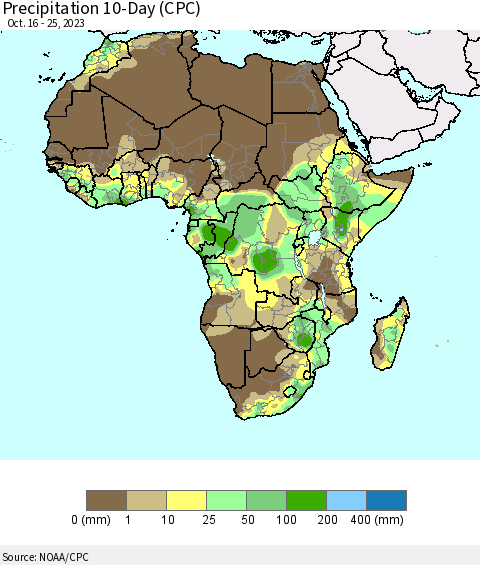 Africa Precipitation 10-Day (CPC) Thematic Map For 10/16/2023 - 10/25/2023