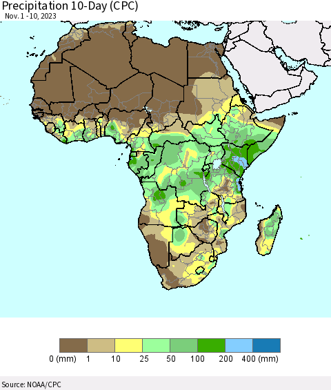 Africa Precipitation 10-Day (CPC) Thematic Map For 11/1/2023 - 11/10/2023