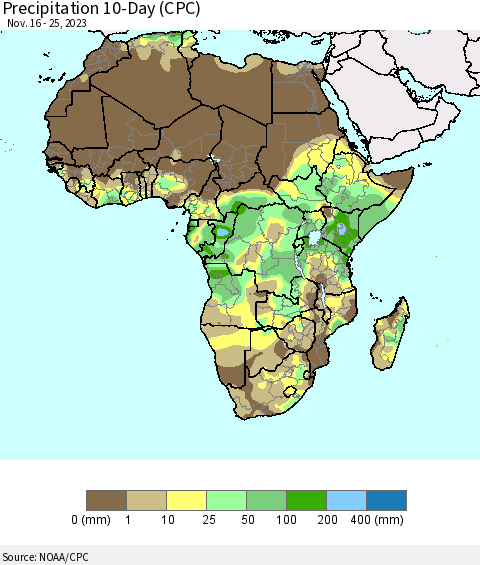Africa Precipitation 10-Day (CPC) Thematic Map For 11/16/2023 - 11/25/2023