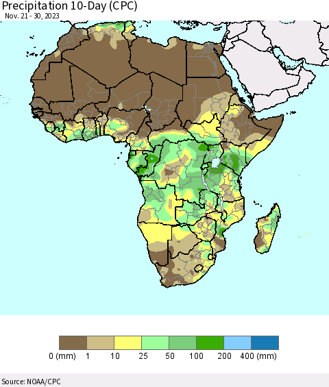 Africa Precipitation 10-Day (CPC) Thematic Map For 11/21/2023 - 11/30/2023