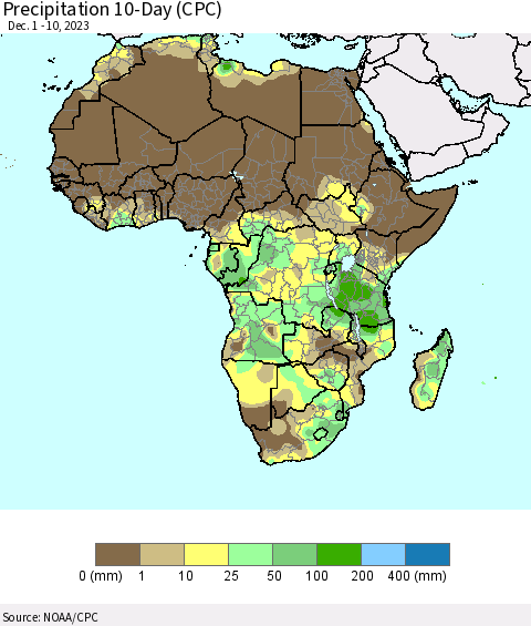 Africa Precipitation 10-Day (CPC) Thematic Map For 12/1/2023 - 12/10/2023