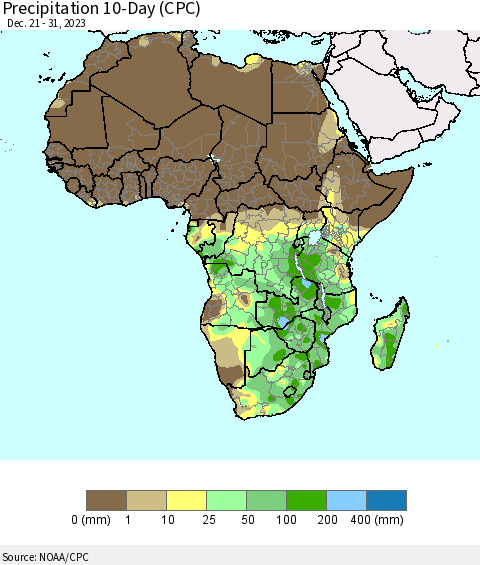 Africa Precipitation 10-Day (CPC) Thematic Map For 12/21/2023 - 12/31/2023