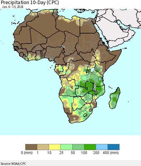 Africa Precipitation 10-Day (CPC) Thematic Map For 1/6/2024 - 1/15/2024