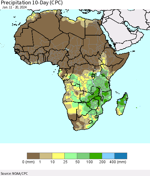 Africa Precipitation 10-Day (CPC) Thematic Map For 1/11/2024 - 1/20/2024