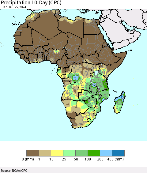 Africa Precipitation 10-Day (CPC) Thematic Map For 1/16/2024 - 1/25/2024