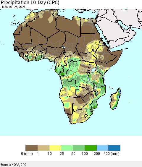 Africa Precipitation 10-Day (CPC) Thematic Map For 3/16/2024 - 3/25/2024
