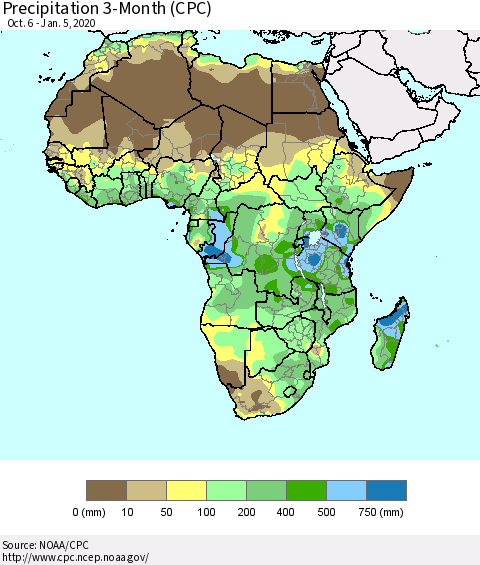 Africa Precipitation 3-Month (CPC) Thematic Map For 10/6/2019 - 1/5/2020