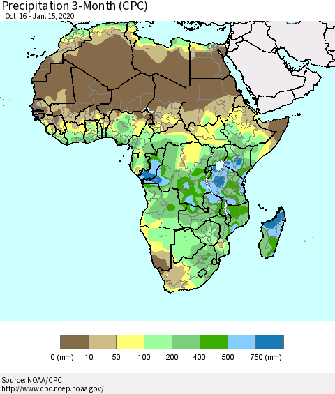 Africa Precipitation 3-Month (CPC) Thematic Map For 10/16/2019 - 1/15/2020