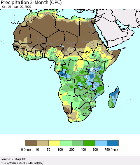 Africa Precipitation 3-Month (CPC) Thematic Map For 10/21/2019 - 1/20/2020