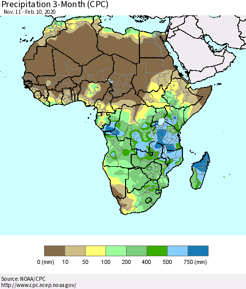 Africa Precipitation 3-Month (CPC) Thematic Map For 11/11/2019 - 2/10/2020