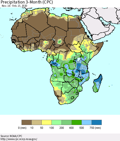 Africa Precipitation 3-Month (CPC) Thematic Map For 11/16/2019 - 2/15/2020