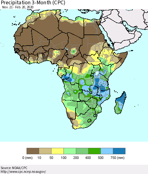 Africa Precipitation 3-Month (CPC) Thematic Map For 11/21/2019 - 2/20/2020