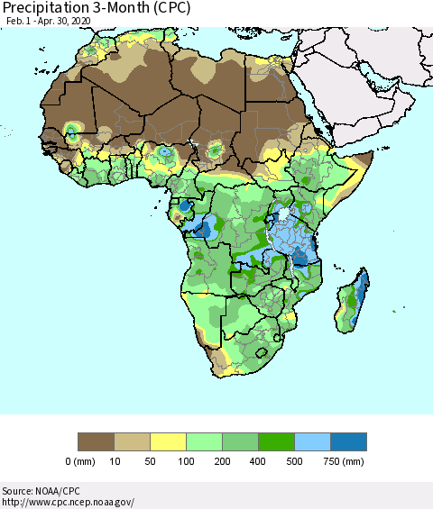 Africa Precipitation 3-Month (CPC) Thematic Map For 2/1/2020 - 4/30/2020