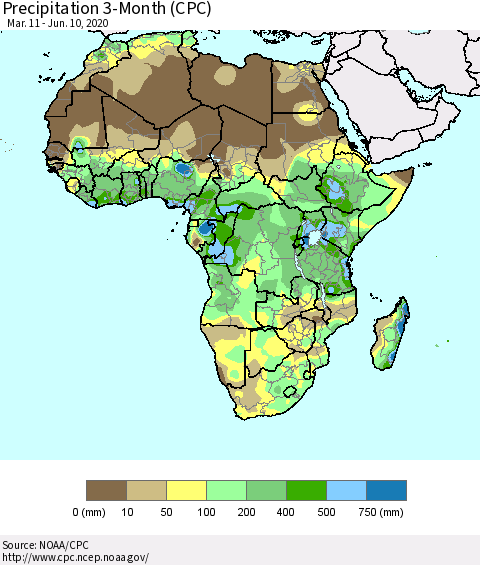 Africa Precipitation 3-Month (CPC) Thematic Map For 3/11/2020 - 6/10/2020