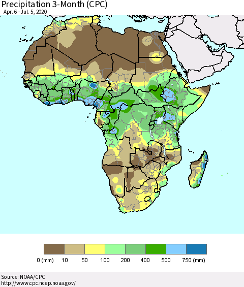 Africa Precipitation 3-Month (CPC) Thematic Map For 4/6/2020 - 7/5/2020