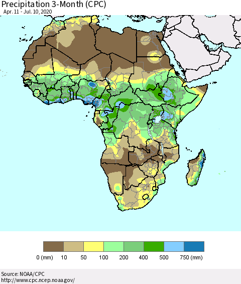 Africa Precipitation 3-Month (CPC) Thematic Map For 4/11/2020 - 7/10/2020