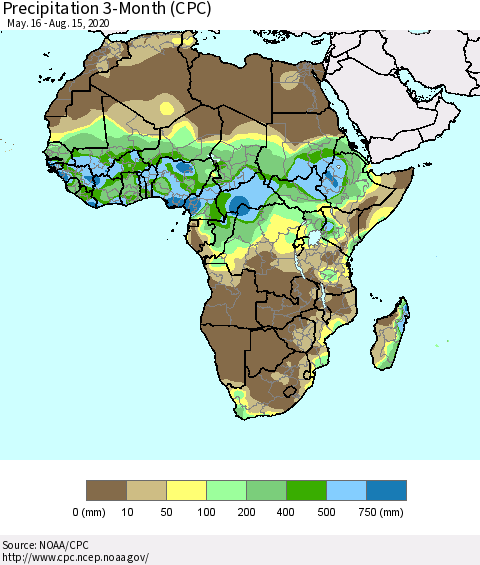 Africa Precipitation 3-Month (CPC) Thematic Map For 5/16/2020 - 8/15/2020