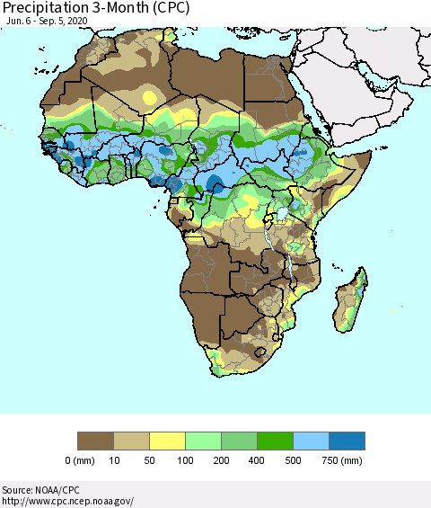 Africa Precipitation 3-Month (CPC) Thematic Map For 6/6/2020 - 9/5/2020