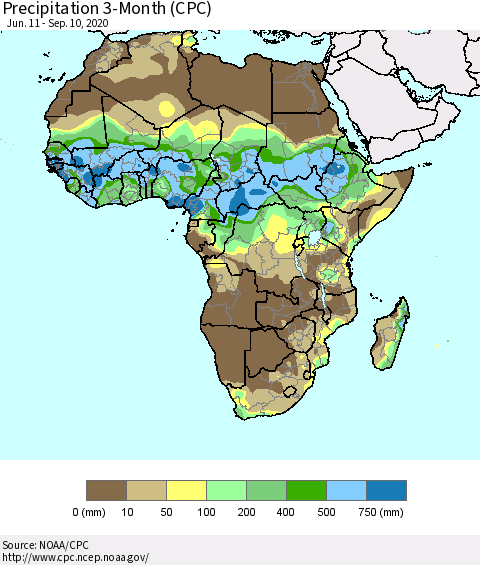 Africa Precipitation 3-Month (CPC) Thematic Map For 6/11/2020 - 9/10/2020