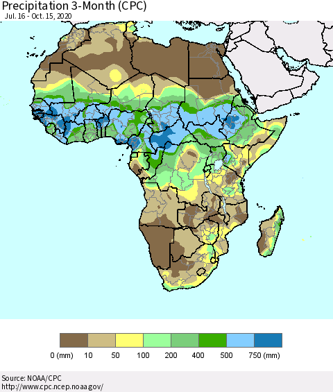 Africa Precipitation 3-Month (CPC) Thematic Map For 7/16/2020 - 10/15/2020