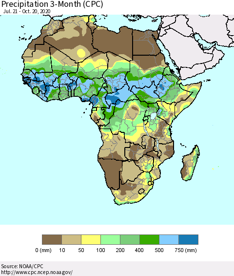 Africa Precipitation 3-Month (CPC) Thematic Map For 7/21/2020 - 10/20/2020
