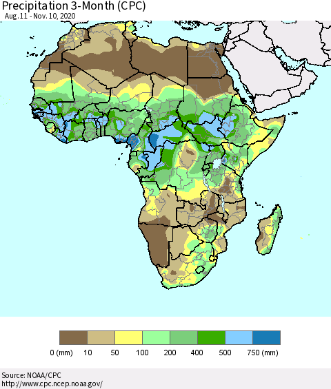 Africa Precipitation 3-Month (CPC) Thematic Map For 8/11/2020 - 11/10/2020