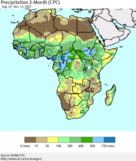 Africa Precipitation 3-Month (CPC) Thematic Map For 8/16/2020 - 11/15/2020