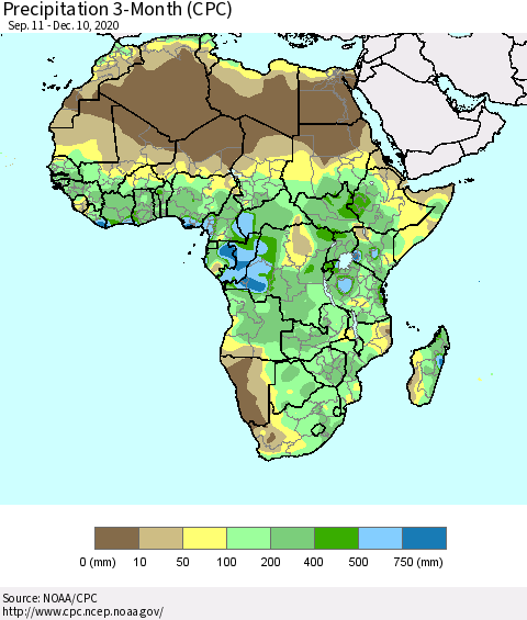 Africa Precipitation 3-Month (CPC) Thematic Map For 9/11/2020 - 12/10/2020