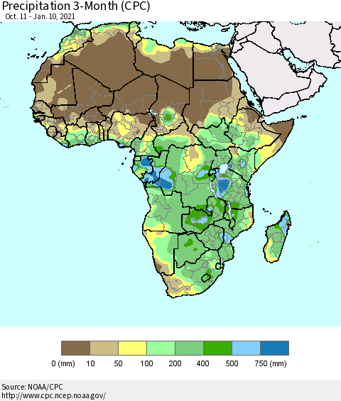 Africa Precipitation 3-Month (CPC) Thematic Map For 10/11/2020 - 1/10/2021