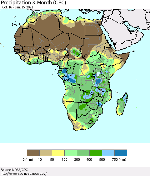 Africa Precipitation 3-Month (CPC) Thematic Map For 10/16/2020 - 1/15/2021
